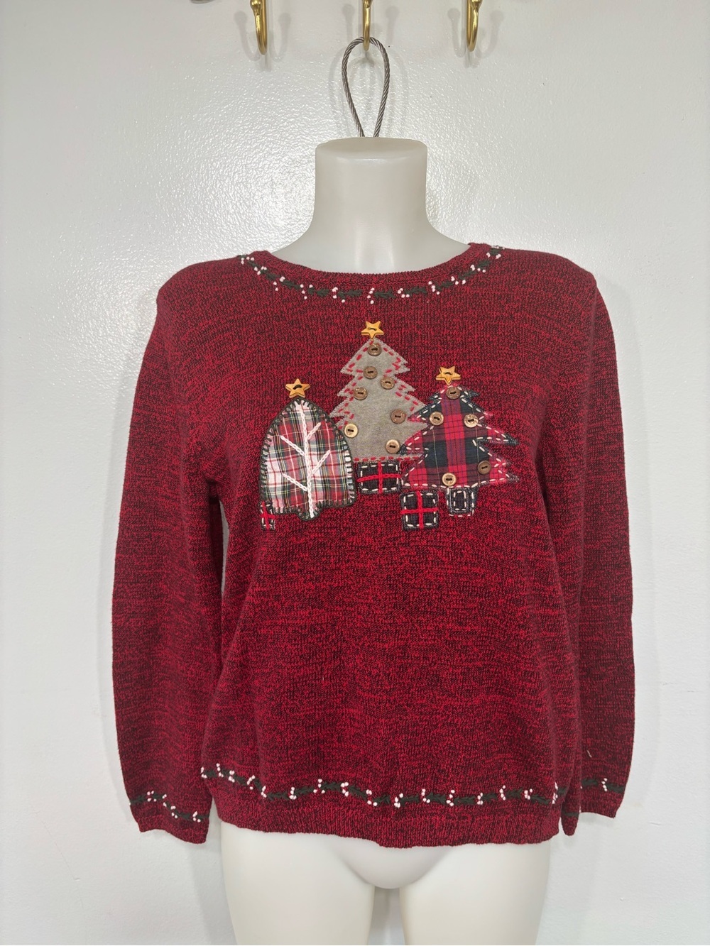 Christopher & Banks Red Cotton Hand Embroidered Christmas Sweater Size L